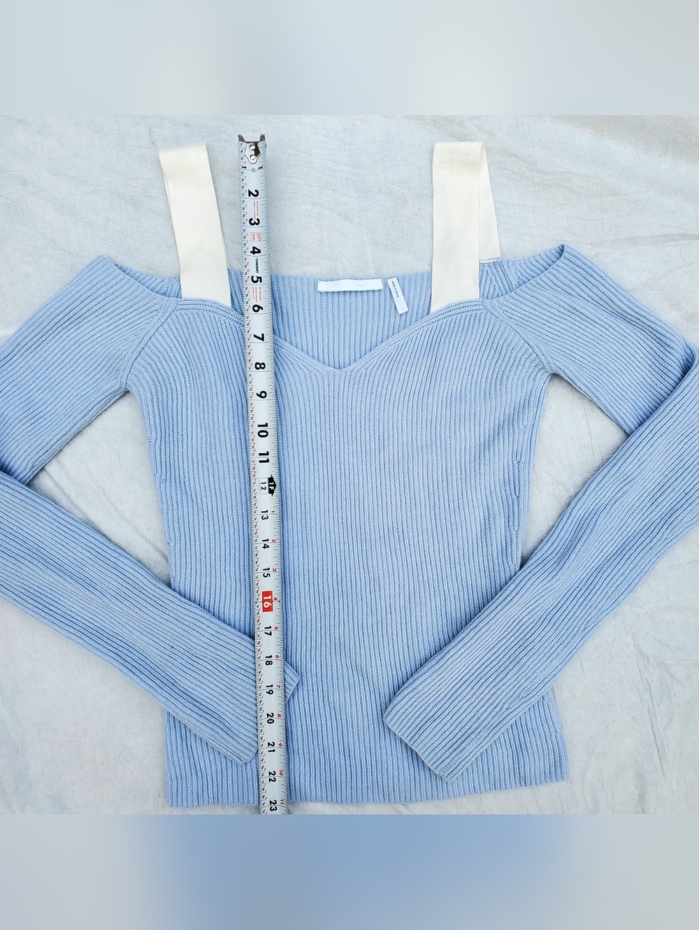 Helmut Lang Pale Blue Ribbed Cold-Shoulder Sweater with Cream Straps - Picture 3 of 7